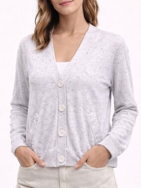 Stitches + Stripes Speckled Cardigan Gray Button Front Cozy Size M